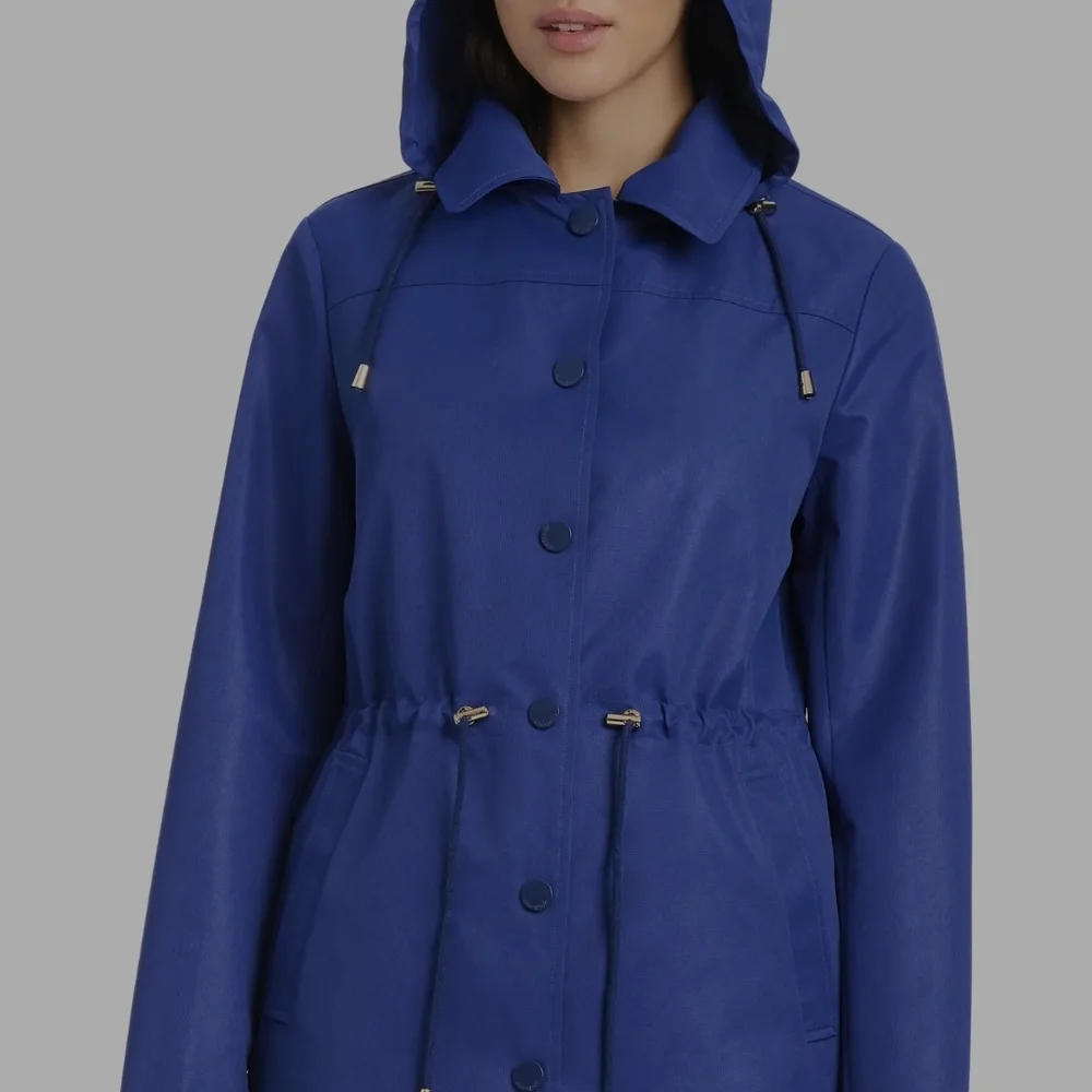 Kate Spade Royal Blue Hooded Drawstring Trench Coat Magic Print Rain Jacket XL